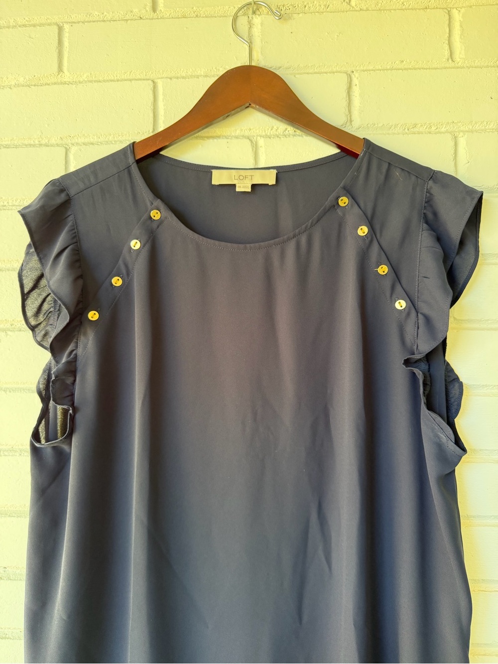 LOFT Navy Ruffle Sleeve Top with Gold Buttons - Picture 3 of 5